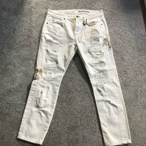 Tortoise distressed winter white jeans